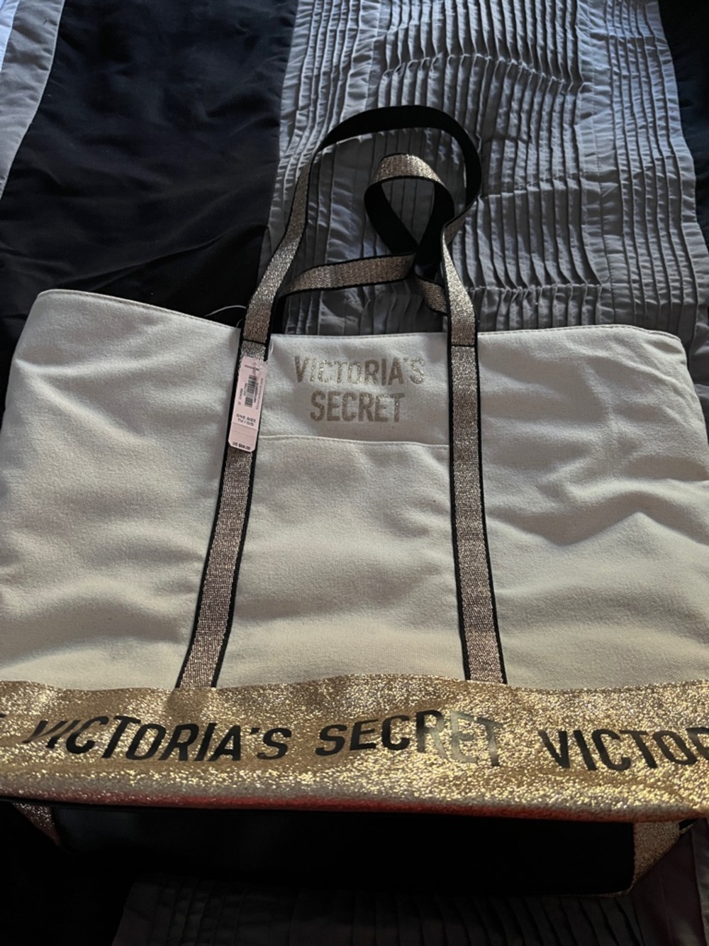 Victoria's Secret White Tote with Gold Glitter Trim
